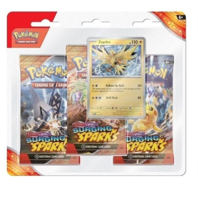 Photo illustrant Electhor sur le 1er Tripack EV08 de Pokémon Étincelles Déferlantes qui sort en novembre 2024. Keytwo